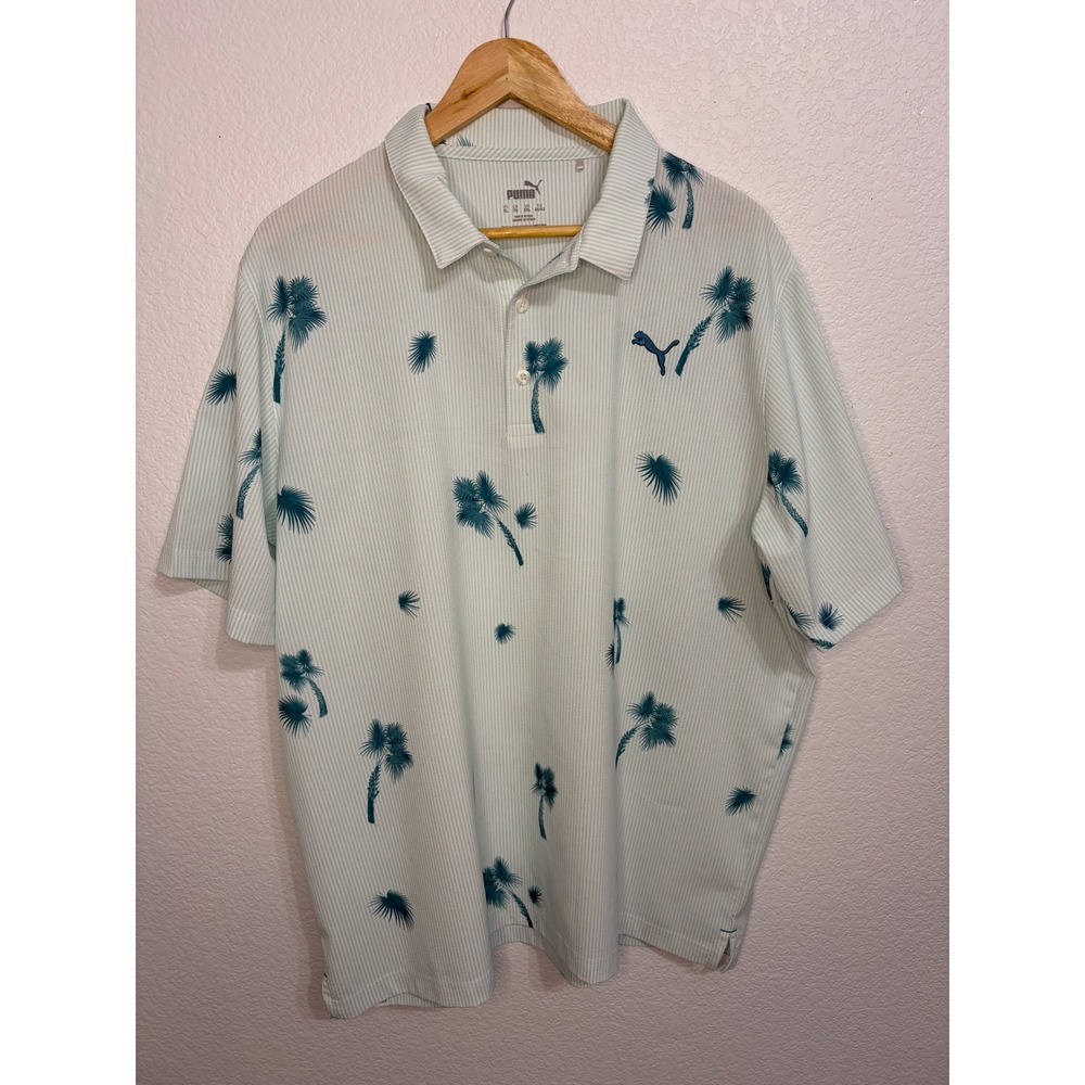Puma Golf Polo Shirt Mens XL Mint Green Striped Palm Tree Tropical Short Sleeve